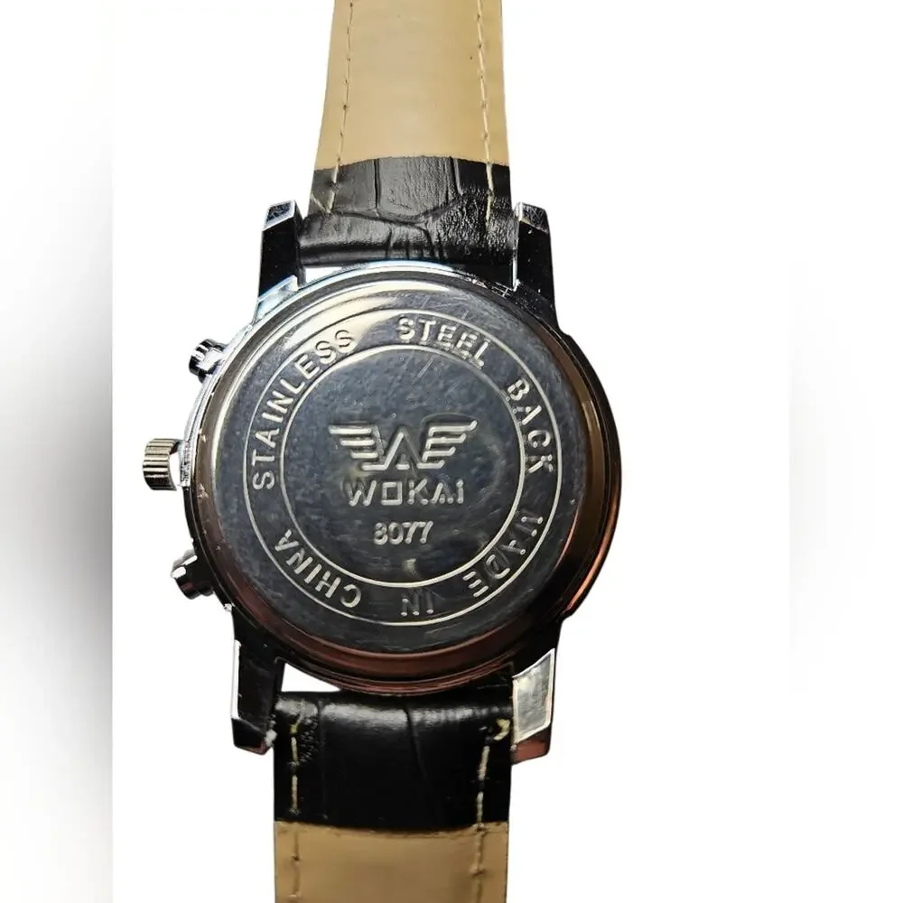 NWOT Wokai Black and Brown Watch, Stainless Steel With Leather Band